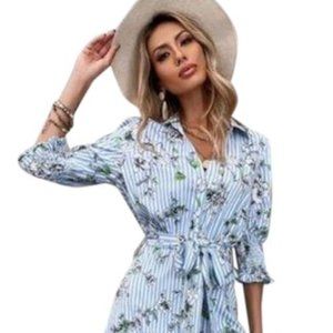 Zara Blue Floral Printed Midi Shirt Casual Maxi Dress